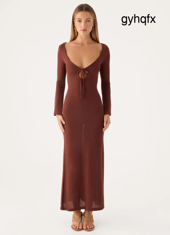 Amarise Knit Tie Front Maxi Dress - Chocolate - Maxi Dresses