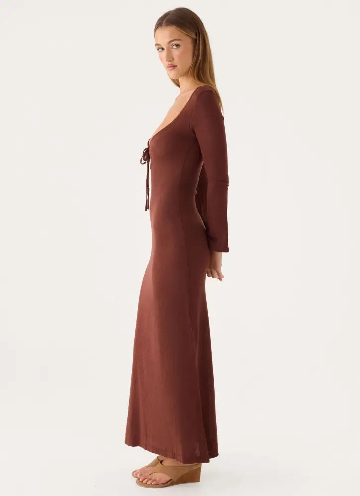 Amarise Knit Tie Front Maxi Dress - Chocolate - Maxi Dresses