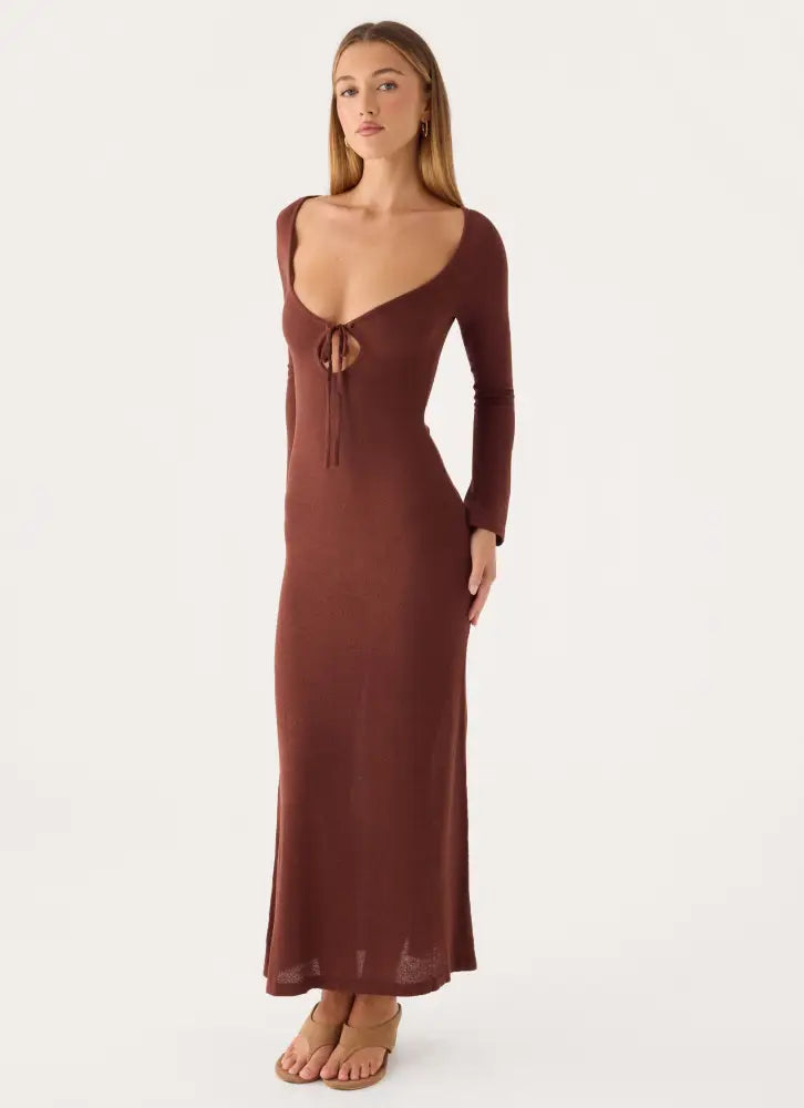 Amarise Knit Tie Front Maxi Dress - Chocolate - Maxi Dresses